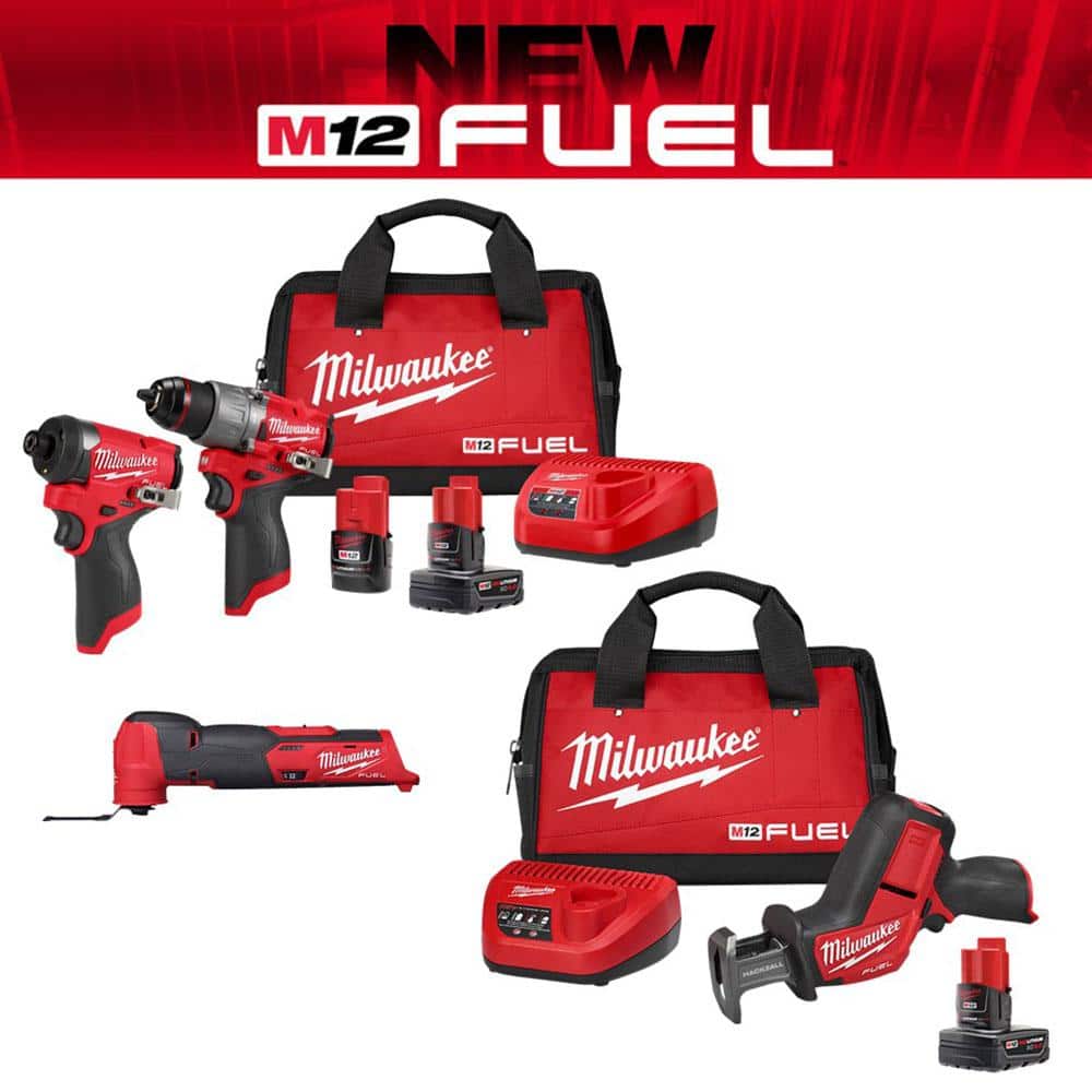 Milwaukee M12 FUEL 12-Volt Lithium-Ion Brushless Cordless Hammer Drill   Impact Driver Combo Kit with Recip Saw Kit and Multi-Tool 3497-22-2520-21XC-2526-20  The Home Depot