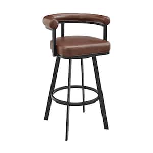 29 in. Black and Brown Low Back Metal Frame Counter Stool with Faux Leather Seat