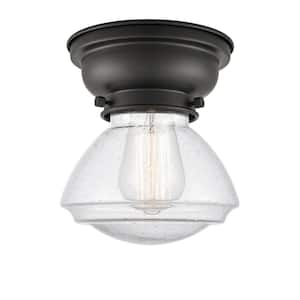 Olean 6.75 in. 1-Light Matte Black Flush Mount with Seedy Glass Shade