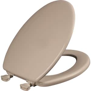 Elongated Enameled Wood Closed Front Toilet Seat in Fawn Beige Removes for Easy Cleaning