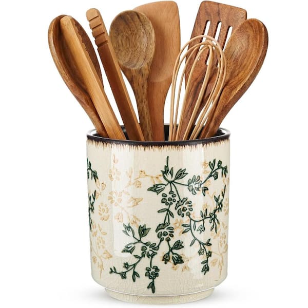 Brown Green Floral Ceramic Utensil Holder with Crackle Glaze Rustic Countertop Organizer