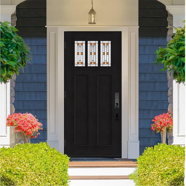 Regency 36 in. x 80 in. Universal Handing 3Lite Amberton Decorative Glass Onyx Fir Grain Fiberglass Front Door Slab