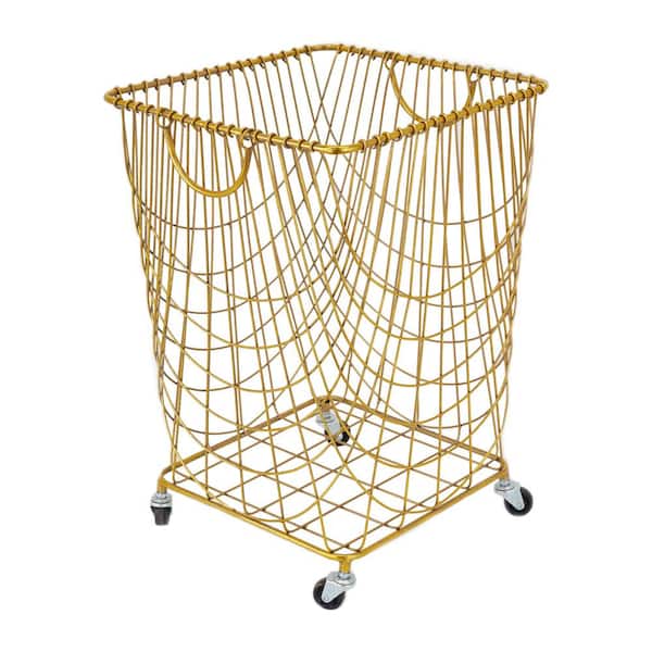 Litton Lane 24 in. Gold Deep Set Metal Mesh Laundry Basket Storage Cart with Wheels and Handles