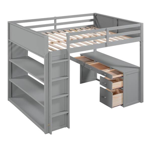Full Loft Bed With Desk & 5 Drawers – Built-in LED Lights, Charging Station, Clothes Rail, Safety Guard, Oak Gray, No Box Spring Needed