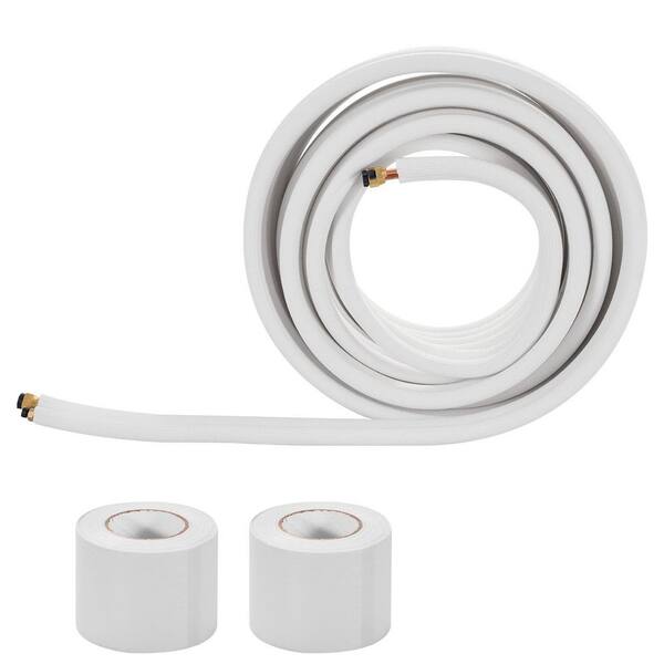1/4in. & 1/2in. OD AC Copper Tubing Pipe, 100ft. Mini Split Line Set 3/8 White PE Thickened Insulated Coil w/Flared Nuts