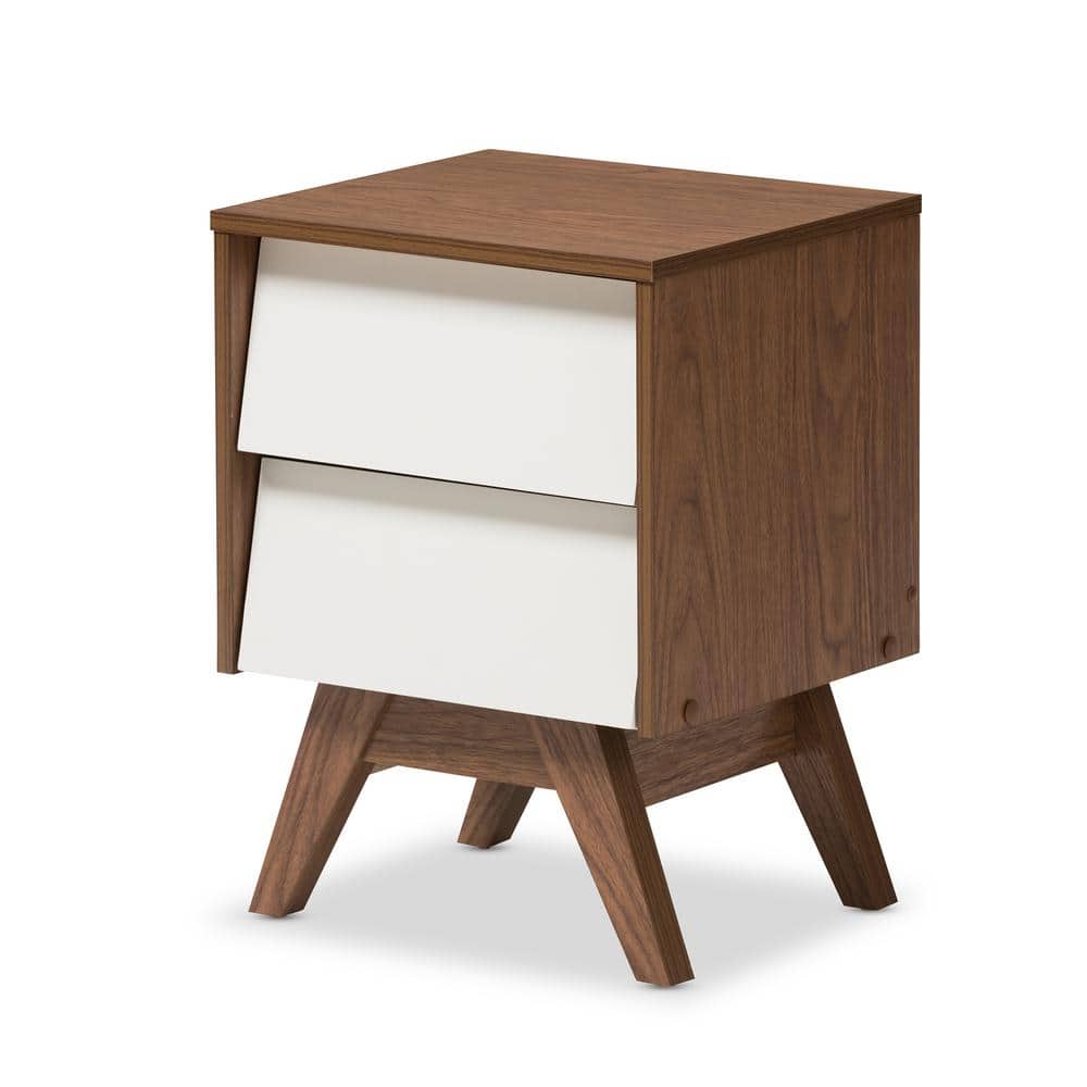 Walnut and White 2-Drawer Mid-Century Modern Nightstand