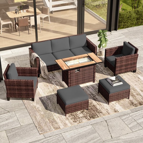 6-Pieces Patio Conversation Set with Rectangle Fire Pit Table, Brown Wicker Wide Armrests Sofa with Gray Cushion