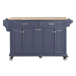 Blue Rubberwood Kitchen Cart with Spice Rack, Towel Rack, Adjustable Shelves and 3-Drawers