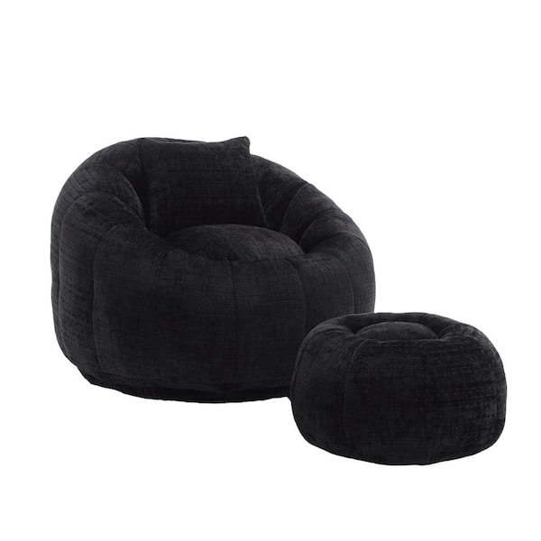 HOMEFUN Modern Black Chenille Pumpkin Shape Bean Bag Accent Chair and Ottoman