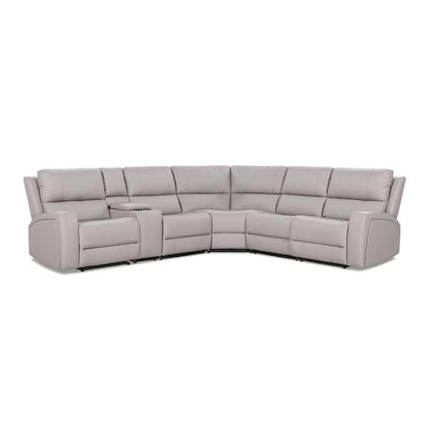 122 in. Modern Power Motion 6-Piece Reclining Slope Arm Corner Leather Sectional Sofa with Cup Holders in. Tan Brown
