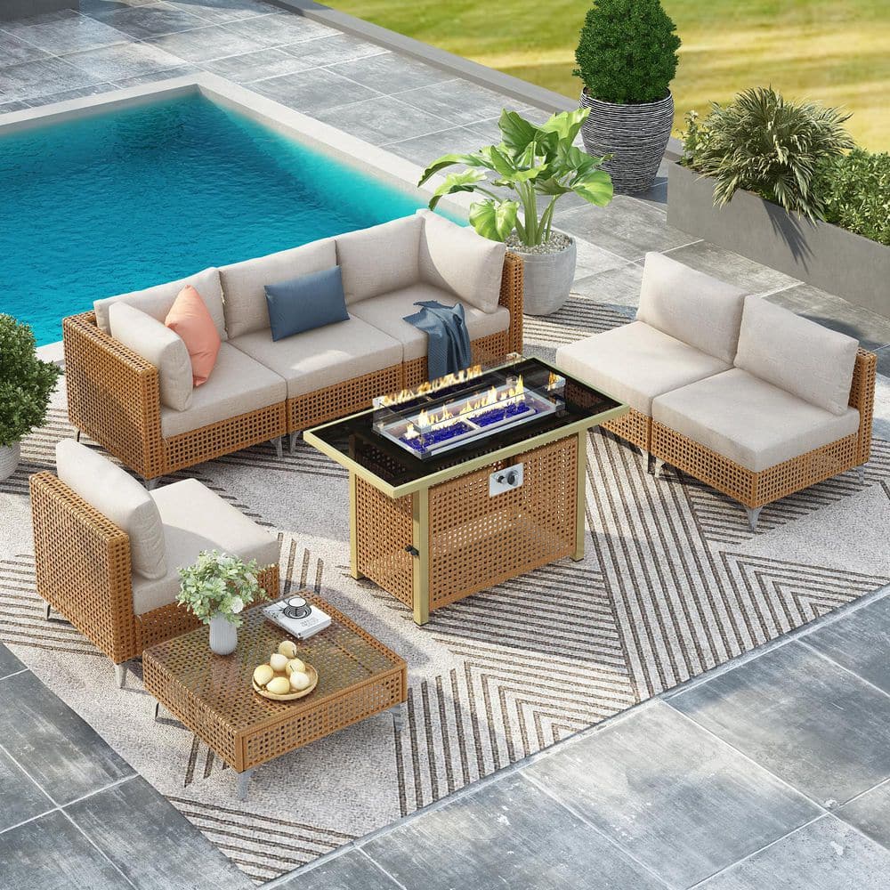 8-Piece Wicker Patio Conversation Set with 43 in. 60,000 BTU Propane Fire P