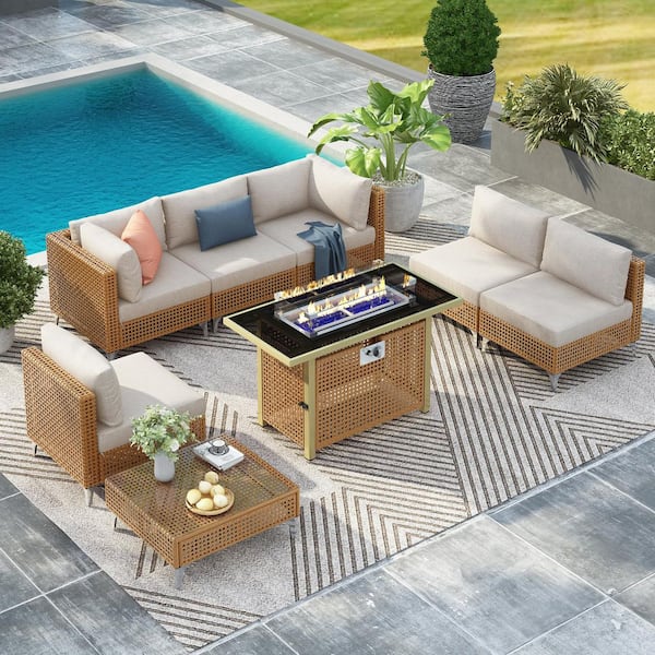 Unbranded 8-Piece Wicker Patio Conversation Set with 43 in. 60,000 BTU Propane Fire Pit Table and Beige Cushions