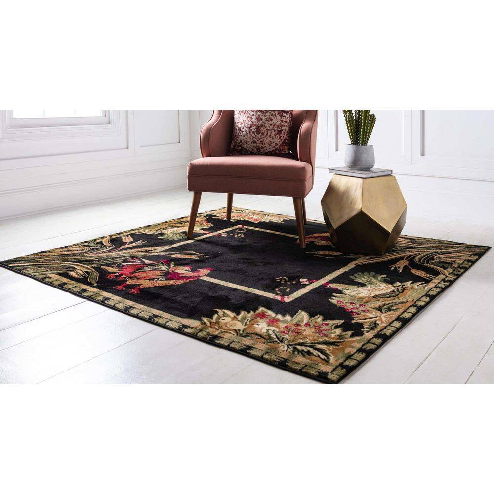 Black Floral Synthetic Square Indoor Rug, 6' x 6'