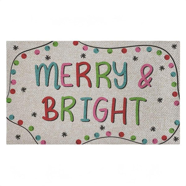 Merry and Bright Ornament Border Multi-Colored 18 in. x 30 in. Polyester Non-Slip Outdoor Door Mat