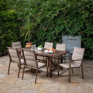 Fairhope 6 Padded Sling Chairs and a 7-Piece Steel Outdoor Dining Set with 74 in. x 40 in. Trestle Table in Tan