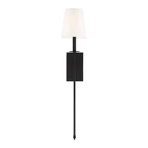 Monroe 6.7 in. W x 33.5 in. H 1-Light Matte Black Wall Sconce with White Fabric Shade
