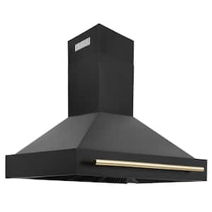 Autograph Edition 48 in. 700 CFM Ducted Vent Wall Mount Range Hood with Polished Gold Handle in Black Stainless Steel