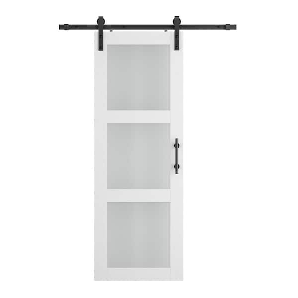 30in. x 84 in. 3-Lite Tempered Frosted Glass White MDF Prefinished Sliding Barn Door with Hardware Kit