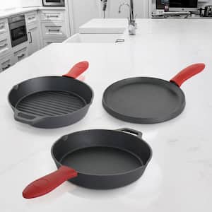 Pre-Seasoned 6-Piece Red Cast Iron Cookware Set with Silicone Holders