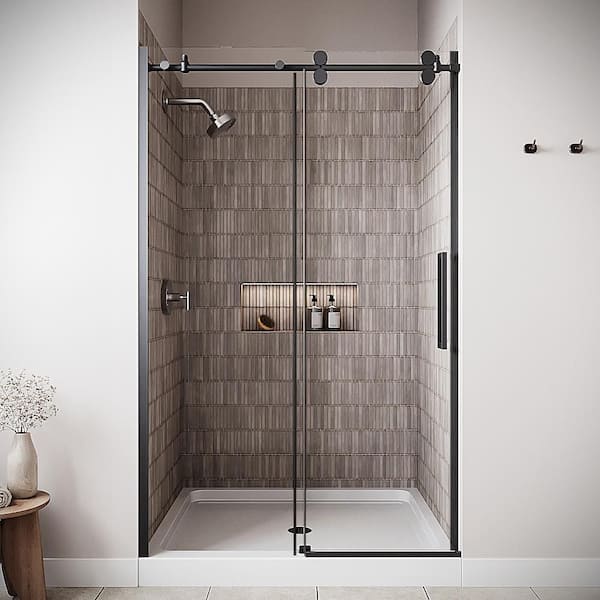 Vitravo 48'' x 76'' Semi-Frameless Sliding Shower Door with CrystalTech Treated 5/16'' Glass, Matte Black Hardware
