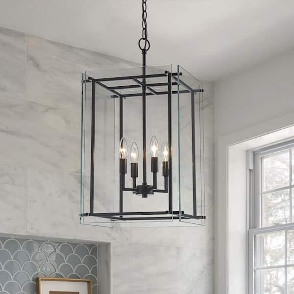 Ellison 4-Light Black Lantern Modern Chandelier with Clear Glass