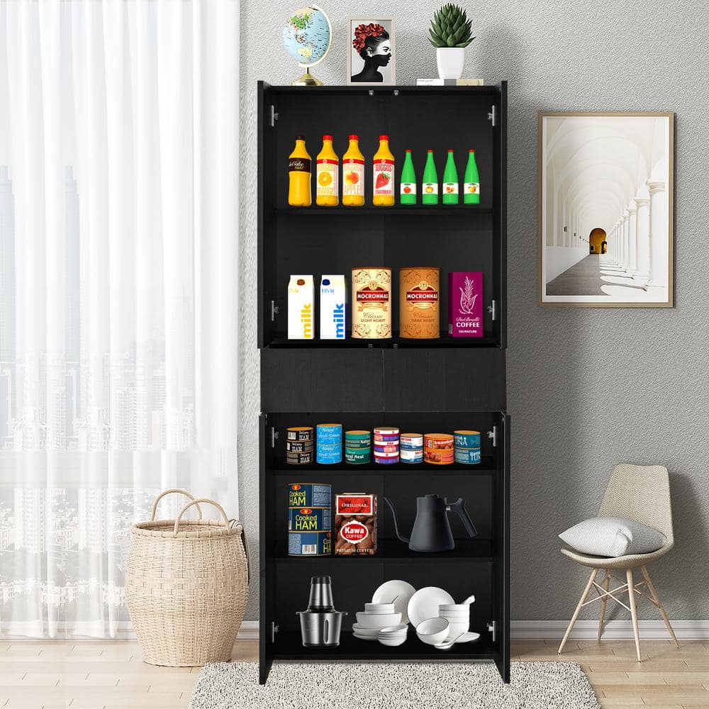 Black Wood 66" Kitchen Pantry Cabinet with Adjustable Shelves and Drawer