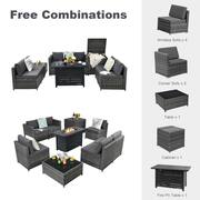 9-Pieces Rattan Dinning Set Wicker Patio Conversation Set w/60000 BTU Propane Fire Pit and Grey Cushions