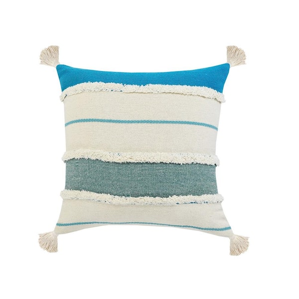 Unbranded Quarry Turquoise Blue /White Tufted Striped Tassels Soft Poly-Fill 20 in. x 20 in. Indoor Throw Pillow