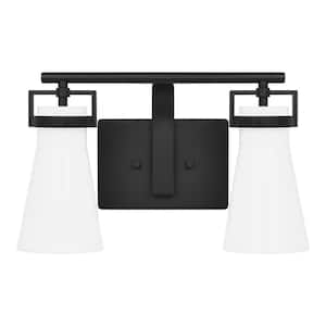 Clermont 14.75 in. 2-Light Matte Black Bathroom Vanity Light with Milk Glass Shades