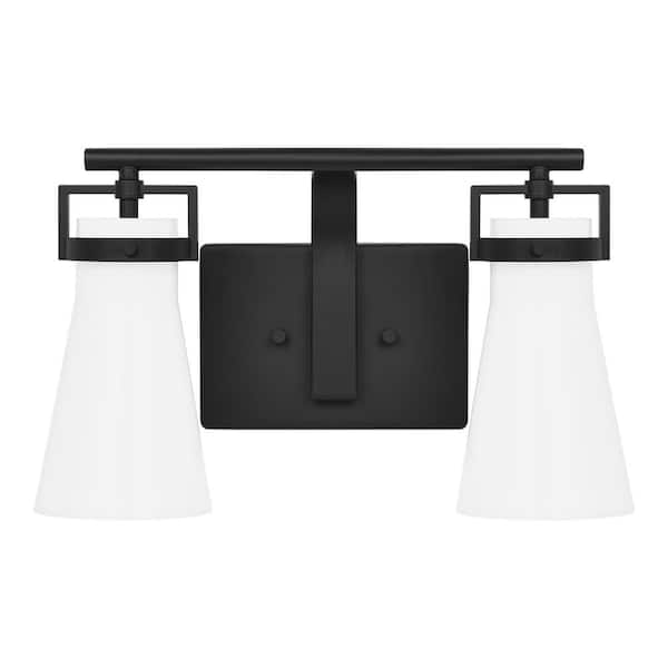 Home Decorators Collection Clermont 14.75 in. 2-Light Matte Black Bathroom Vanity Light with Milk Glass Shades