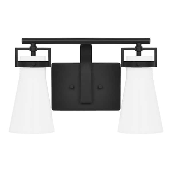 Clermont 14.75 in. 2-Light Matte Black Bathroom Vanity Light with Milk Glass Shades
