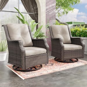 Wicker Patio Outdoor Lounge Chair Swivel Rocking Chair with Beige Cushions (2-Pack)