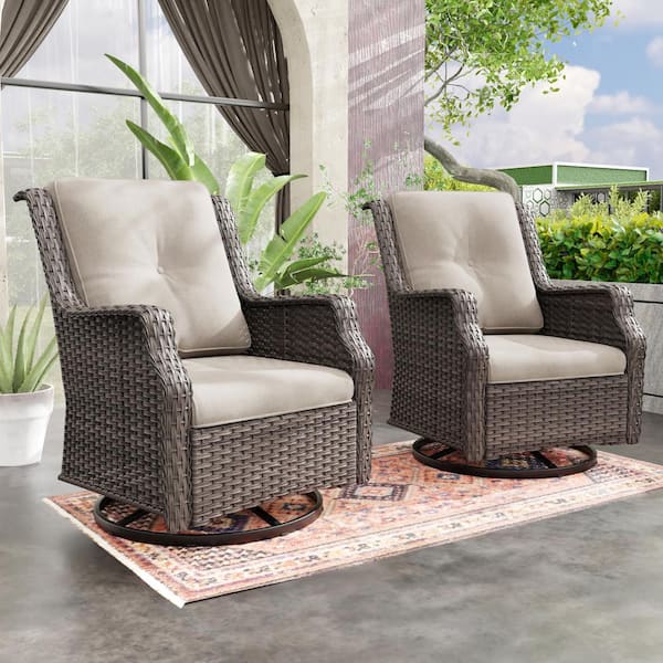 Wicker Outdoor Rocking Chair Patio Outdoor Lounge Chairs with Beige Cushions (2-Pack)