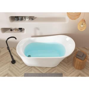 59 in. Acrylic Flatbottom Freestanding Soaking Bathtub in White, Brushed Nickel Overflow Pop-Up Drain