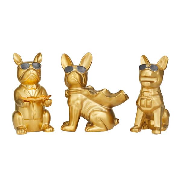 Litton Lane Gold Porcelain Bulldog Sculpture with Sunglasses (Set of 3)