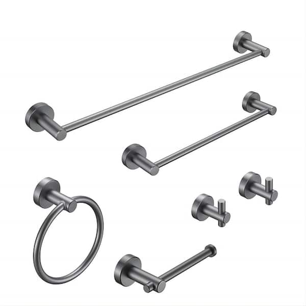 WELLFOR 6-Piece Aluminium Bath Hardware Set in Gray with Towel Bar, Hooks, Toilet Paper Holder, Towel Ring