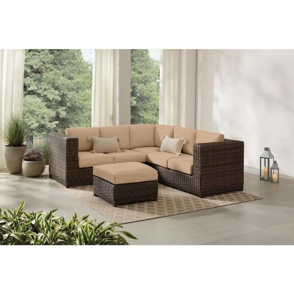 Hampton Bay Fernlake 4-Piece Brown Wicker Outdoor Patio Sectional Sofa with Sunbrella Beige Tan Cushions