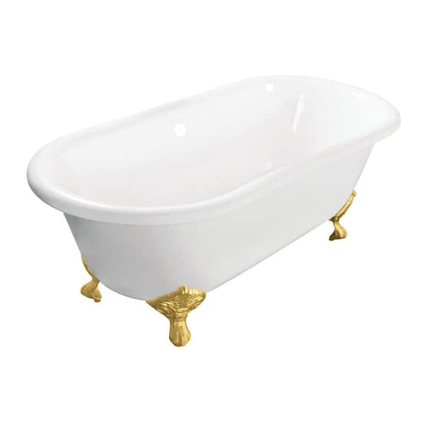 Aqua Eden 60 in. x 30.5 in. Cast Iron Oval Clawfoot Soaking Bathtub in White/Brushed Brass