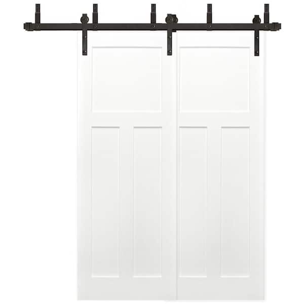 Pacific Entries 60 in. x 80 in. Bypass Unfinished 3-Panel Solid Core Primed Pine Wood Sliding Barn Door with Bronze Hardware Kit