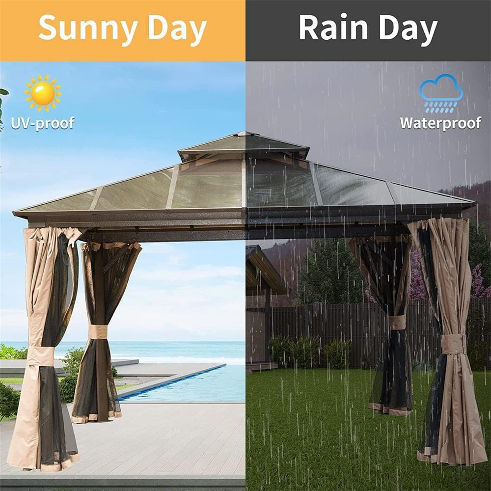 12'x12' Brown Aluminum Hardtop Patio Gazebo with Curtains
