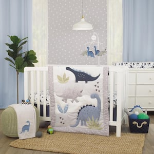 Dino Adventure Gray and Blue 3 Piece Crib Bedding Set - Comforter Fitted Polyester Crib Sheet and Crib Skirt