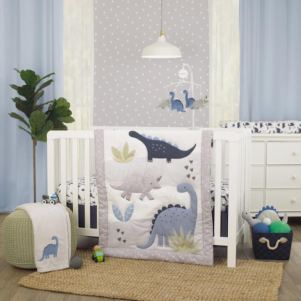 CARTER'S Dino Adventure Gray and Blue 3 Piece Crib Bedding Set - Comforter Fitted Polyester Crib Sheet and Crib Skirt
