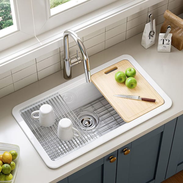 33 in. Undermount Single Bowl Ceramic White Kitchen Sink Standard and Bottom Grid, Drain Assembly, Cutting Board