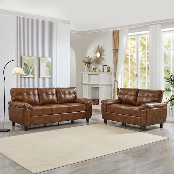Caldane Modern 79 in. Pillow Top Arms 2 Piece PU Faux Leather Upholstered Rectangle Storage Sectional Sofa in. Brown