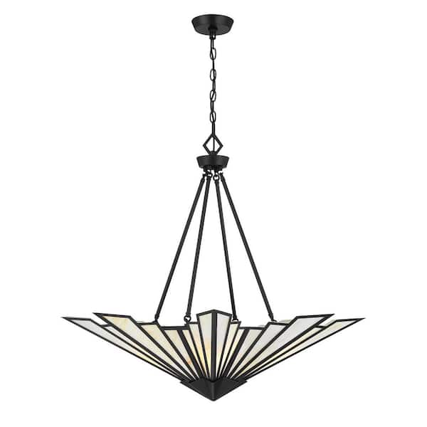 Rivage 4-Light Matte Black Glam Vintage Art Deco Pendant with Tiffany Art Glass Panes
