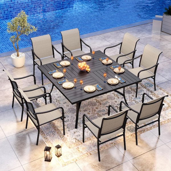 PHI VILLA Black 9-Piece Metal Outdoor Patio Dining Set with Slat