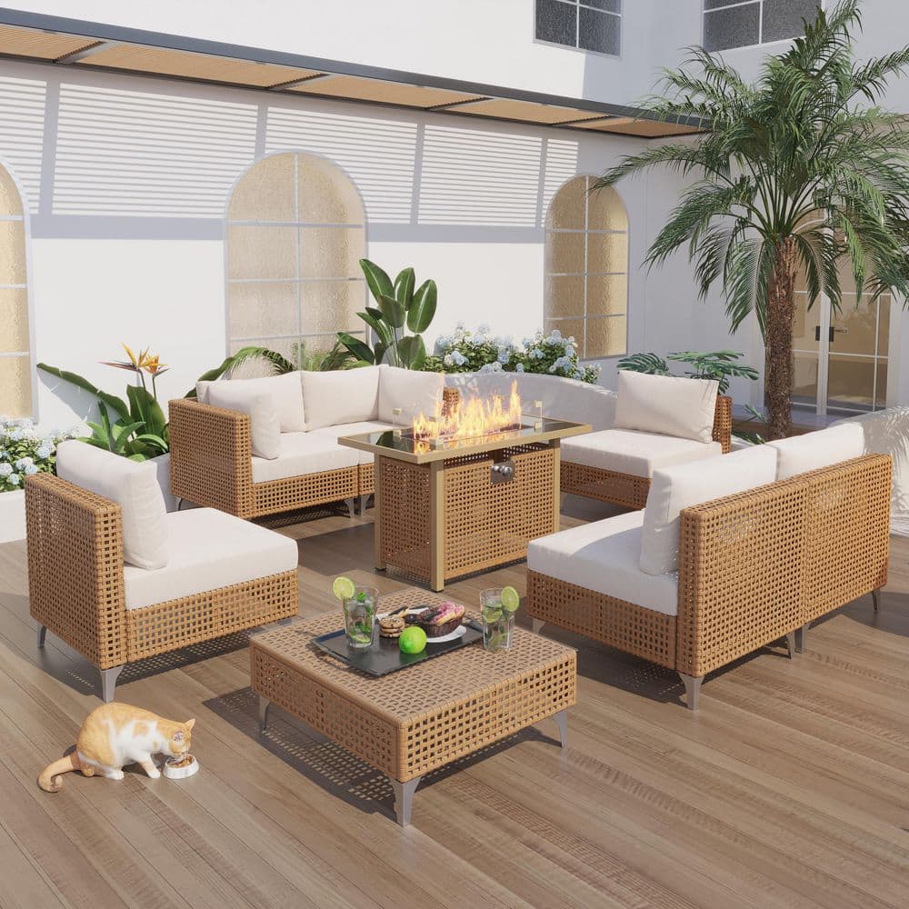 7-Piece Wicker Patio Furniture Set, Outdoor Conversation Set with Thick Cushions and Coffee Table, Beige