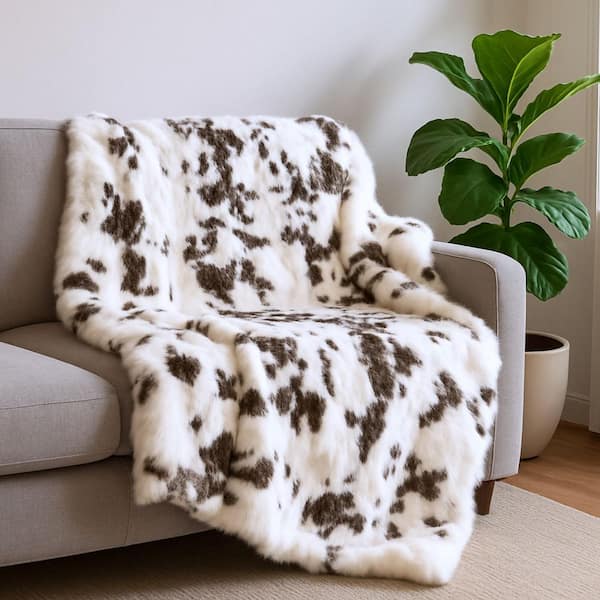 Brown, White No Pattern and Not Solid Color Rabbit Fur Throw Blanket