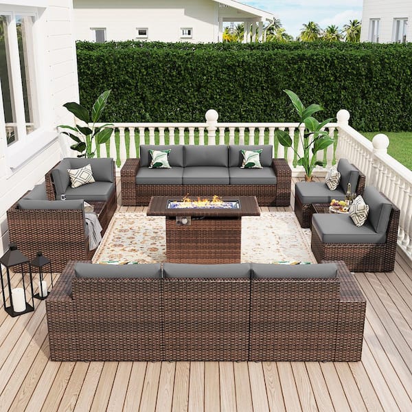 13-Pieces Outdoor Fire Pit Patio Set, Wicker Patio Sectional Set with Fire Pit Table, Coffee Table, Gray Cushions
