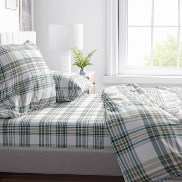 Khaki Plaid Fleece Sheet Set, Queen